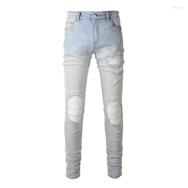 Jeans da uomo Street Fashion Men Retro Light Blue Elastic Slim Strapped Hole Pantaloni Patch Designer Brand Hip Hop Punk Pants