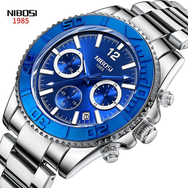 Relógios de Pulso NIBOSI Marca Sport Relógios Masculinos Aço Inoxidável Cronógrafo Quartzo Azul Relógio Masculino 24 Horas Luminoso Relógio de Pulso Relogio Masculino 230809