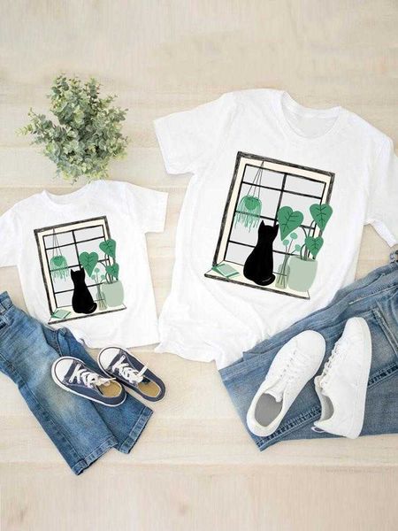 Passende Familien-Outfits, Katze, Pflanze, Trend, schöne Kleidung, Damen, Kind, Sohn, Kind, Sommer, Familie, passende Outfits, Mama, Mama, Mutter, T-Shirt, T-Shirt, Kleidung