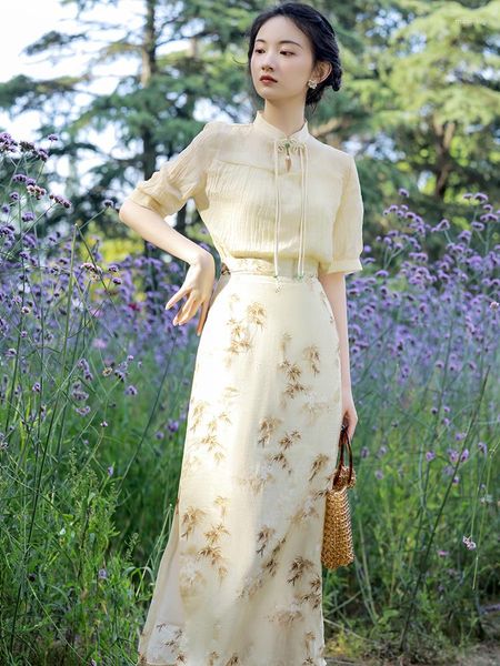 Vestidos de Trabalho Chinês Feminino Terno de Verão Francês Melhorado Cheongsam Saia Sling Camisa Algodão Linho Conjuntos de Três Peças Romântico Vintage
