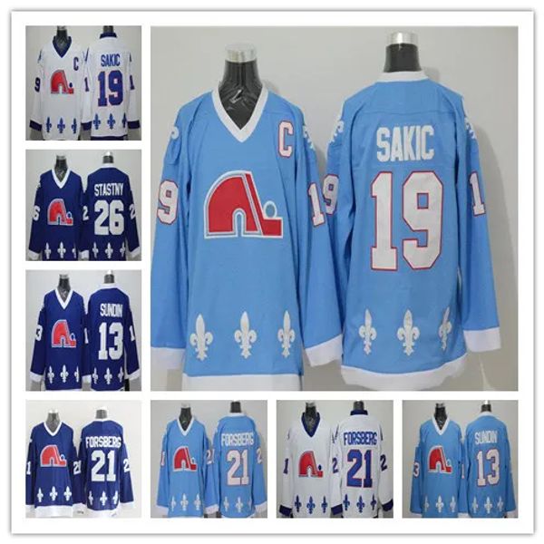Maglie retrò da uomo del Quebec''northerners' Hockey 13 Mats Sundin 21 Peter Forsberg 26 Peter Stastny 19 Joe Sakic Azzurro Bianco Uniformi Personalizzato