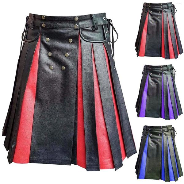 Erkekler Pantolon 2023 Erkek Scottish Style Pocket Pleated PU Deri Kulüp Punk Gotik Etek Pantolon Partisi Pantolonlar Erkekler Sokak Giyim