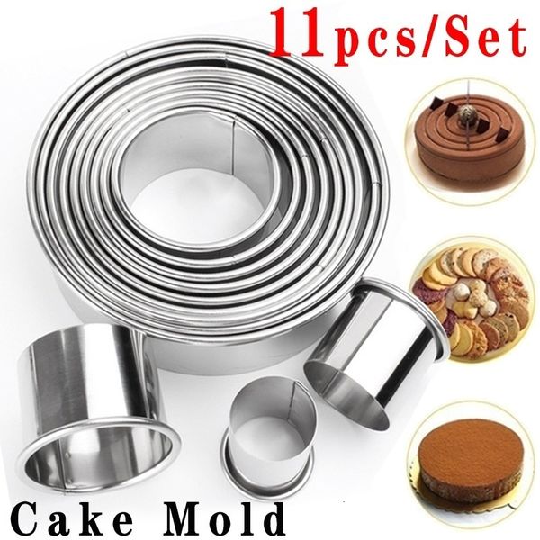 Moldes de cozimento 11pcsconjunto de aço inoxidável redondo cortadores de biscoitos círculo pastelaria moldes de anel de metal para cozinha faça você mesmo molde 230809