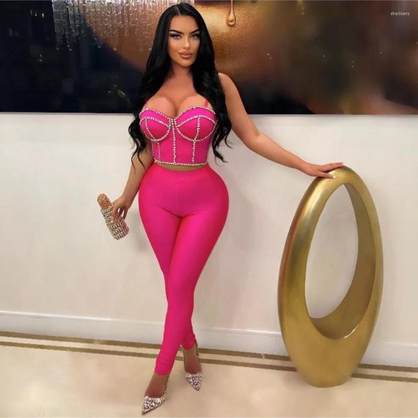 Damen Zweiteilige Hose Echoine Spaghetti Strapsweste Dimond Crop Top und Set Skinny Bodycon Rose Red Sexy Outfits Party Clubwear