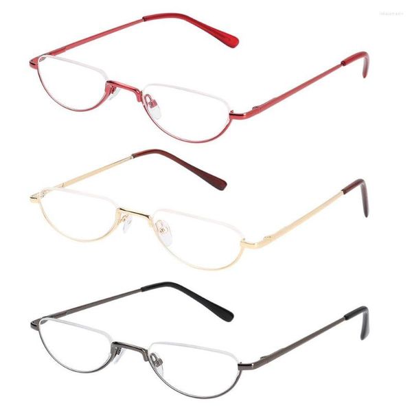 Güneş gözlüğü retro okuma gözlükleri yüksek tanımlı metal bahar menteşeler yarım ay yarı kenarsız okuyucular optik gösteri küçük çerçeve gözlük