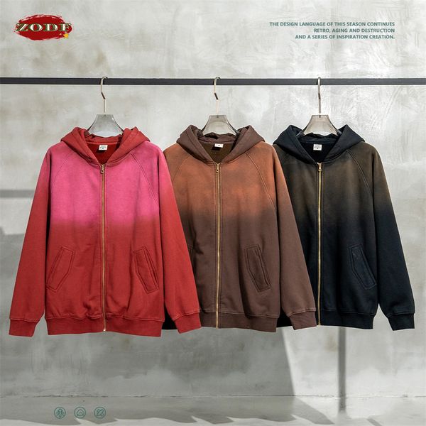 Mens Hoodies Sweatshirts Zodf Kış Maymun Yıkanmış Polar Fermuar Erkekler İçin UNISEX RETRO BÜTÜN BÜYÜK 370GSM kalın Sıcak Kapüşonlu Katlar Hy0658 230809