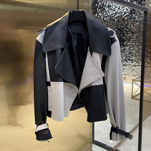Jaqueta feminina de couro 2023 outono inverno street ruffian preto e branco xadrez patchwork lapela larga casaco curto mujer outwears