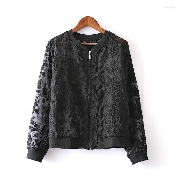 Damenjacken Frühling Sommer Kurzmantel Stehkragen Bomberjacke Organza Spitze Frauen Schwarz Weiß Casual HK280