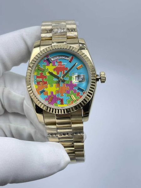 36mm moda tasarımcı kadın saatleri renkli bulmaca kadranı otomatik mekanik tam paslanmaz çelik kayış montre de lüks kadın çiftler erkek kol saatleri bayan izle
