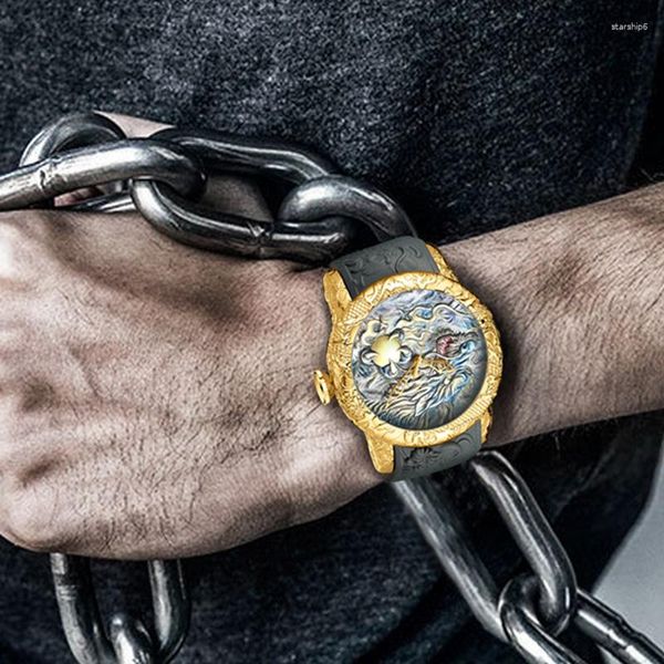 Нарученные часы кварцевые наручные часы модные часы для мужчин Водонепроницаемые силиконовые ремешки в европейском стиле 3D резные резные набора Dragon Tial Watch