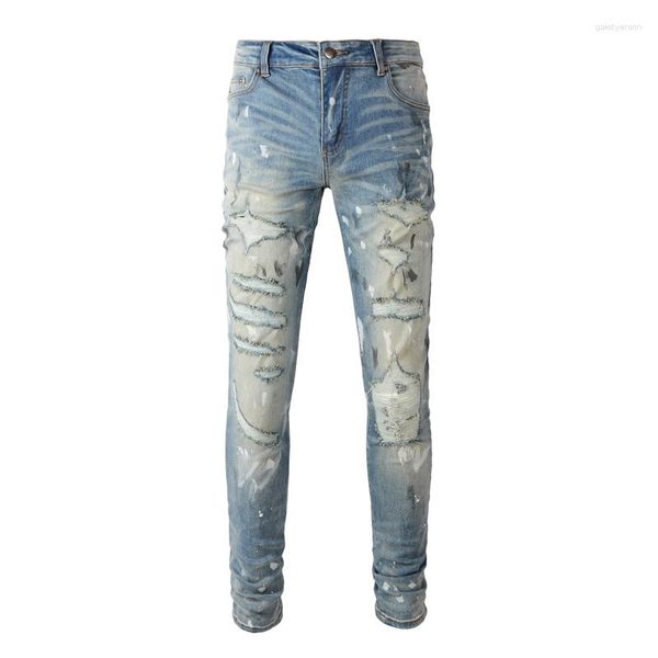 Erkek kot caddesi moda erkekler retro mavi elastik yok edilmiş ince yırtık delik pantolonlar boyalı tasarımcı hip hop pantolon hombre