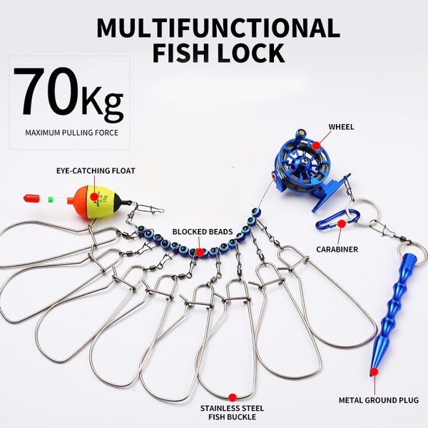 Monofilamentlinie Fischereischlossschnalle mit Rollen aus Edelstahl Lanyard lebender Fischgürtel Tackle Stringer schwimmt 230811