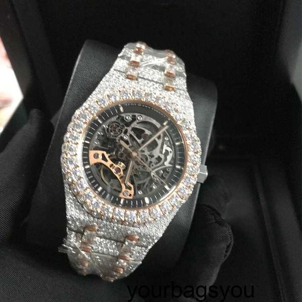 Versão relógios de pulso VVS1 Diamantes de esqueleto Relógio PASS TT TT GOLD ROSE MISTA MISTA DE MECÂNCIA MECÂNICA MECHONIC MENS MENURO ICED SAPPHIRE