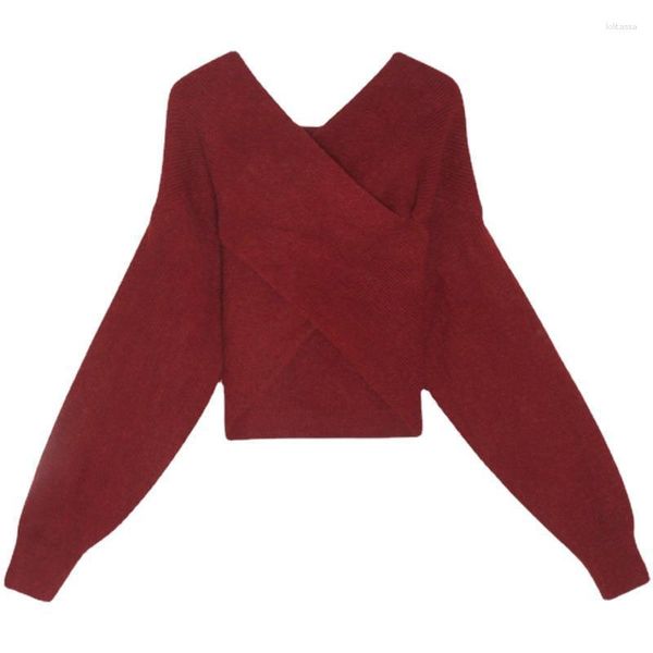 Kadın Sweaters İlkbahar ve Sonbahar 2023 Saf Çapraz Tasarım Kazak Han gevşek v yaka kısa makine üstü