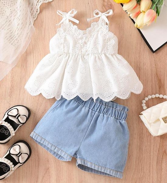 Одежда для детских нарядов для детской детской одежды летняя девочка пустое кружево белые топы без рукавов и джинсовые шорты 2pcs/set Boutique