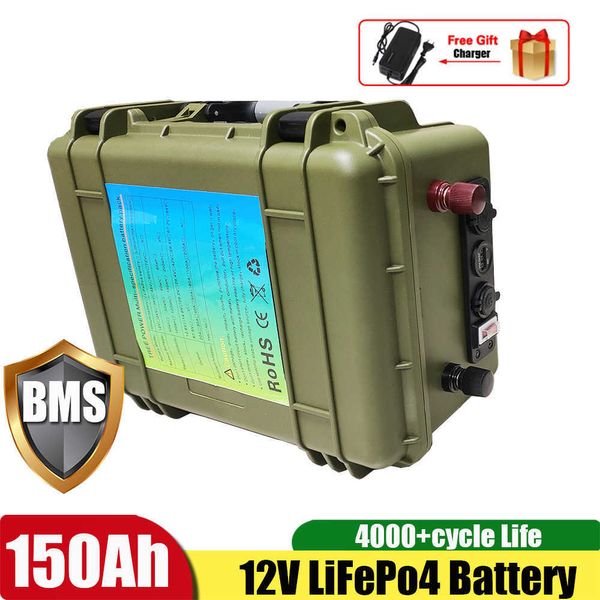 Army Green 12V 150AH 180A AH Lifepo4 Batteria al litio impermeabile 150A per 65 libbre 86 libbre Propulsione marina dell'elica+15A Caricatore