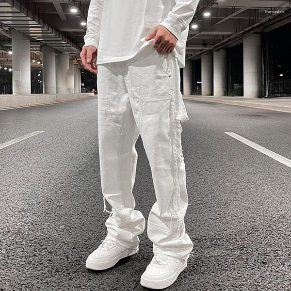 Erkekler kot hip hop beyaz düz yırtılmış rahat erkek pantolon her iki yan püskül geniş bacak sokak kıyafeti denim pantolon büyük boyutlu