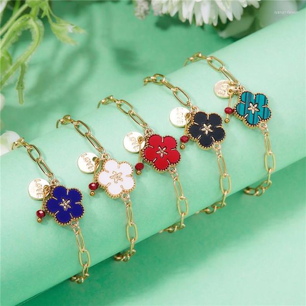 Charm Bilezikler Moda Koreli 5-Petaled Çiçek Bilezik Kadınlar için Girl Girl Mophed U Şekerli Zincir Metal Düğün Mücevher Hediyeleri