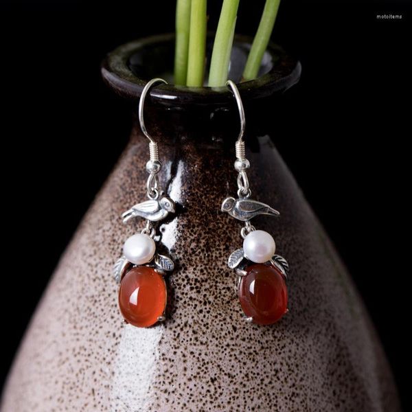 Dangle Ohrringe chinesischer Stil 925 Silber natürliche Perle Ethnische Vogelblattohr Haken handgefertigt rotes Achat Frauen Schmuck EH093