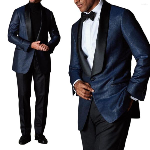 Erkekler takım elbise 2 adet blazer siyah pantolon bir düğme şeffaf yaka iş işleri giymek ince fit resmi düğün damat kostüm homme