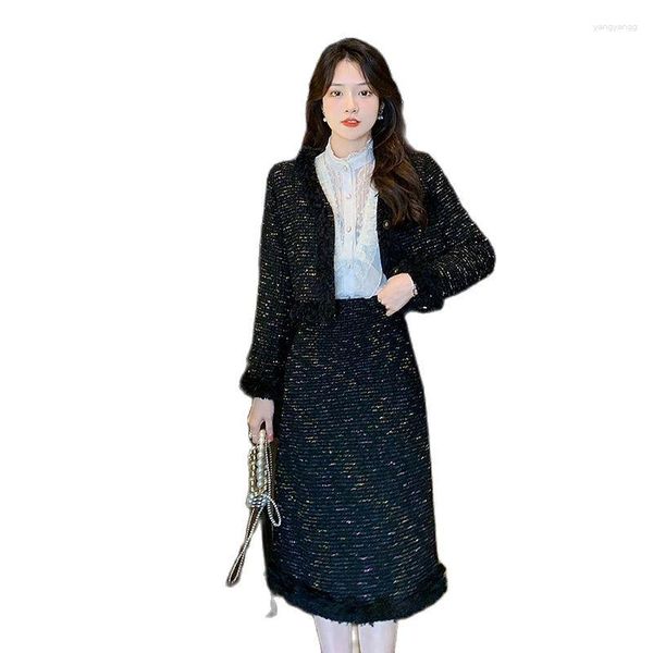 Arbeit Kleider Frauen Winter Vintage warmer Anzug Jacke Coat Top und langer Rock zweiteilige Set passende Outfit Tweed Jacquard Elegante Kleidung