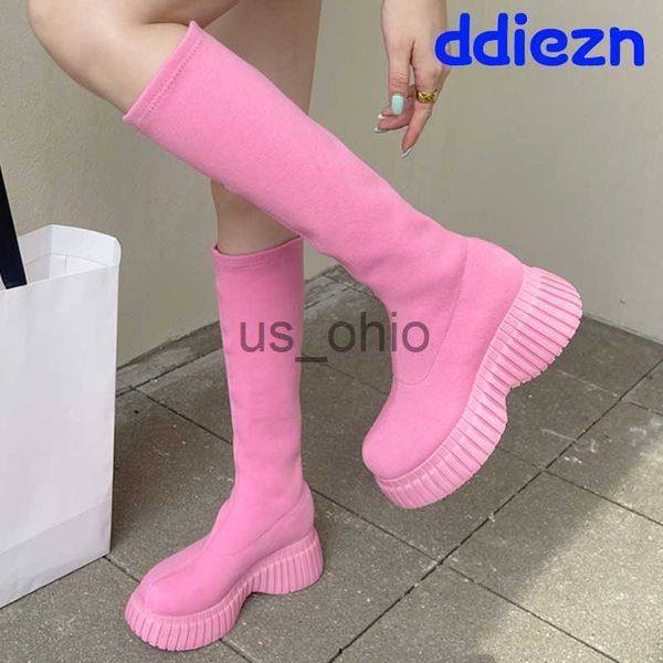 Stivali stivali elastici alti da donna rosa con scarpe tacco stivali da donna lunghi stivali calzini con calzature per scarpe zeppa J230811