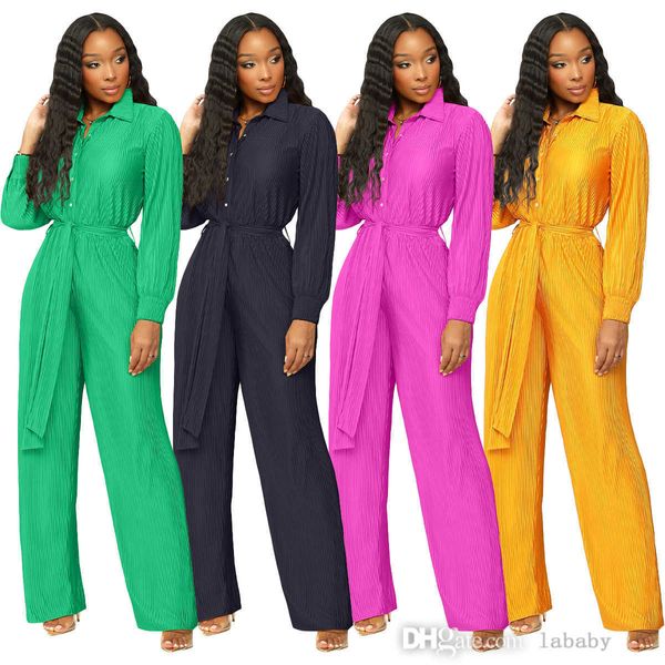 2023 Herbst neuer Damen Jumpsuit Mode modische Farbe Bodysuit Faltener Revershalle Langarmes Hemd mit Weitbeinhosen ROMPERS -Overall mit Gürtel