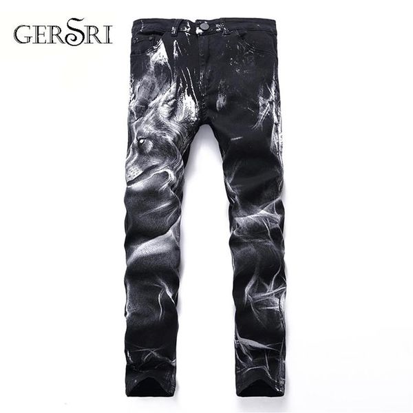 Gersri Night Club maschile da stampa 3D jeans Black Wolf Pattern Punk Slip Slip Drivery Casual Stampa pantaloni in denim Plus size305v