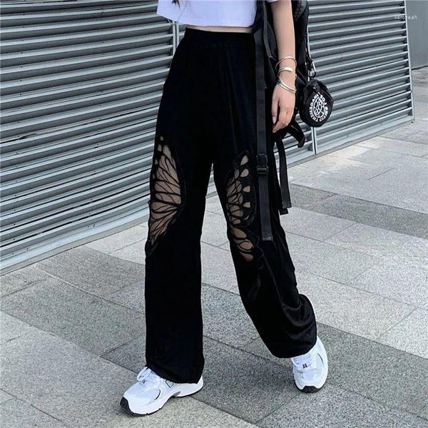 Женские брюки черные вырезанные прямые луки широкие ноги Y2K Lose Vintage Streetwear Высокая талия повседневные брюки Harajuku в стиле