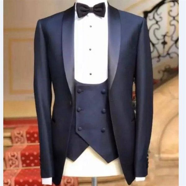 Abiti da uomo blazer marca di marca sposo blu scuro sciame a forma di scialle di raso uomo lavano uomo uomo matrimonio da 3 pezzi pantaloni pantaloni 238w