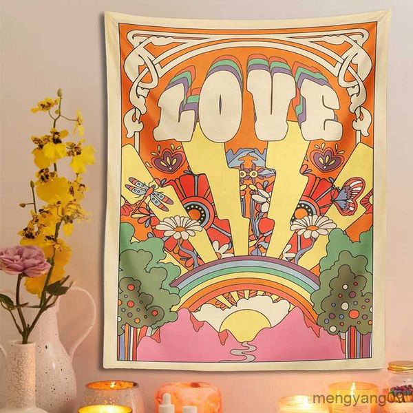 Arazzi aratti retrò amore sole un parete arcobaleno artellino stampato fiore muro hippie soggiorno camera da letto decorazione per la casa r230812