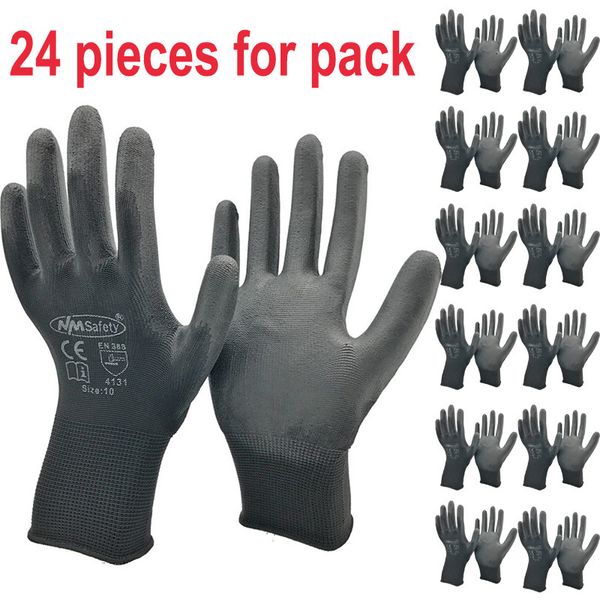Five Fingers Luvas 24Pieces12 Pares de segurança Luvas de trabalho Black Pu Nylon Cotton Glove Luvas de proteção industrial NMSAfety Supplier 230811