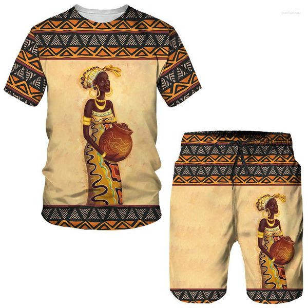 Мужские спортивные костюмы 2023 Африканский 3D-печатный два часа этнический стиль уличный костюм летняя футболка/шорты/костюм повседневные народные спортивные костюмы плюс размер