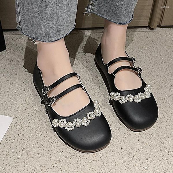 Elbise ayakkabıları Mary Jane Pearl Bead Kadınlar 2023 Yaz Düşük Topuk Sığ Moda Femme Yuvarlak Toe Toe Casual Pompalar Mujer Zapatos