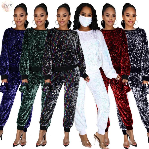 Frauen zwei Stück Hosen plus Größe S-5xl Pailletten Set Women Winter Kleidung Geburtstag Outfit Joggers Tracksuit Street Waats Wholesale Drop 230811