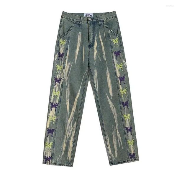 Jeans maschi maschi nazionale di marea tie-dye ricamo a farfalla pattern estate design casual sens nicchia pantaloni a gamba dritta pantaloni alla moda