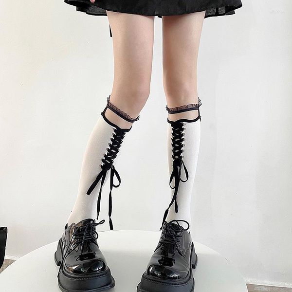 Kadınlar SOCKS Japon tarzı lolita orta tüp çapraz kravat içi boş kadife yay buzağı çorapları elastik tatlı kız kawaii diz çorabı