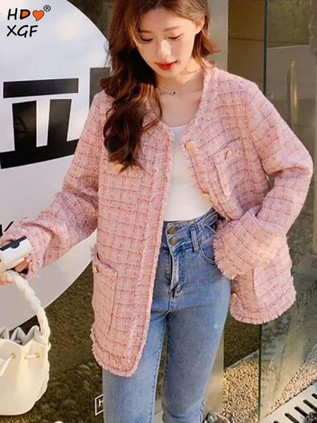 Damenjacken rosa Plaid Wolltweed Plus Größe Frau Jacke Vintage O-Neck Single Breasted Roughged Sweet Coat Korean Fashion Top Streetwear 230811