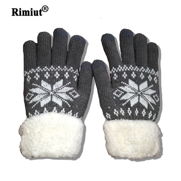 Luvas sem dedos Rimiut Cashmere grosso de duas camadas de inverno para mulheres padrão de malha de floco de neve Luva de tela de toque de dedo completo 230811