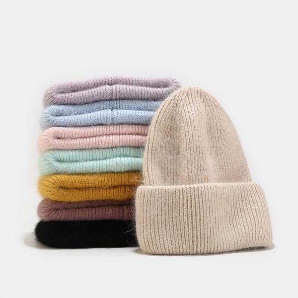 Beanie/Kafatası Kapakları Yeni Sonbahar Kış Tavşanı Saç Kış Şapkası Sıcak Beanies şapkalar Sıradan Kadın Katı Yetişkin Kaşmir Örme Örme Bere Şapka Parlak Telli