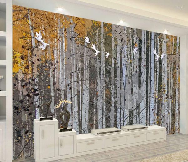 Duvar Kağıtları CJSIR İpek Bezi Duvar Kağıdı Özet El Boyalı Huş Orman Tv Çekim Arka Plan Duvar Papel De Parede 3D Ev Dekor