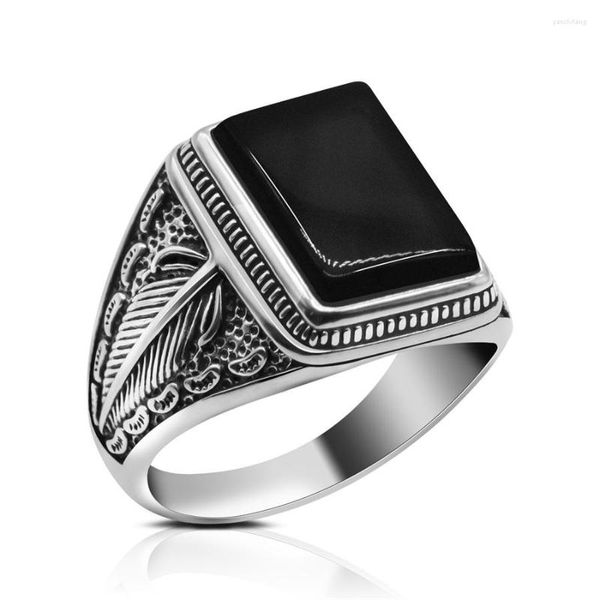 Кластерные кольца подлинное 925 серебряное кольцо с натуральным прямоугольником агата камня винтажные турецкие мужчины