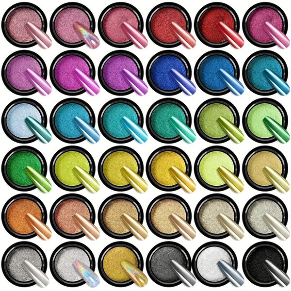 36ps Голографический зеркал хромированный набор порошка для ногтей - Порошок металлического ногтей для маникюра и использования салона - включает в себя черный, синий, розовый, зеленый, желтый, фиолетовый и белый цвет