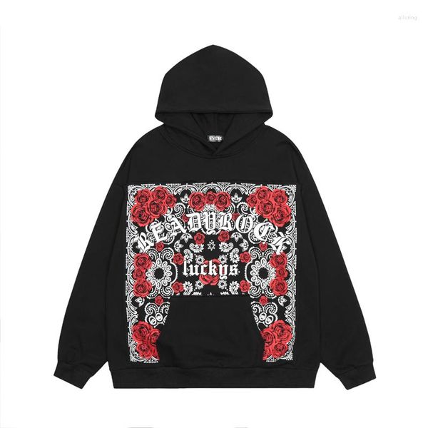 Erkek Hoodies Retro Patchwork Patch Çiçek Sanskrit Ön Cepleri Sonbahar Terry Hoodie Erkek ve Kadın Hip Hop Külot Kapüşonlu