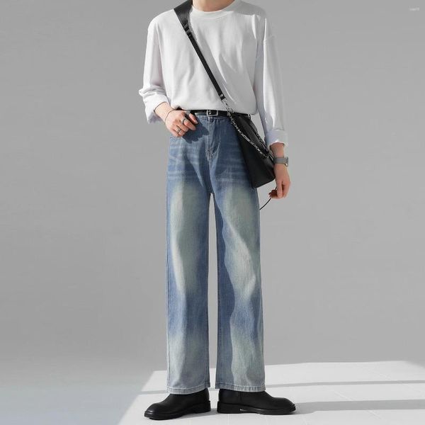 Мужские джинсы Мужчины расклеивали мешковывающие прямые талию, градуированные брюки Весна расстроенные лоскутные дизайнеры джинсовые брюки D36