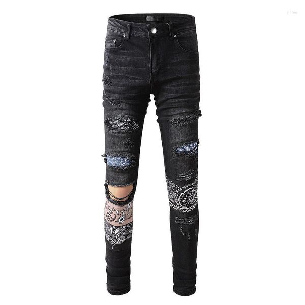 Jeans slim fit streetwear stile stile streetwear skinny tratch skinny fori distrutti tie bandana bandana patchwork