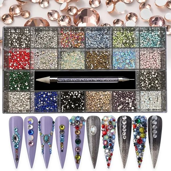 21 set di gemme in vetro a cristallo colorato a griglia - Perfetto per le artigianato delle nail art - Include una penna per trapano a doppia fascia