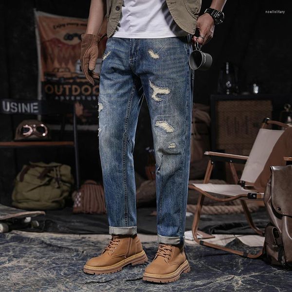 Erkekler Kot ağır moda delikleri Erkekler için Giyim Selvedge yıkanmış sıkıntılı denim pantolon retro büyük boy pantolonlar