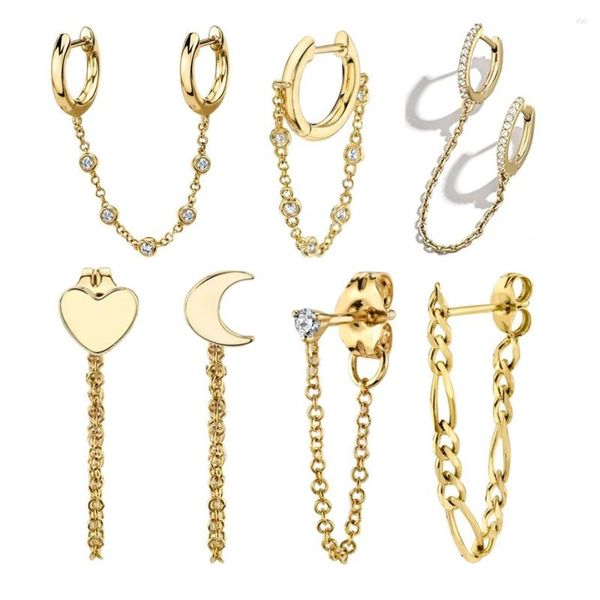 Orecchini per borchie 1pc 2023 Piercing del foro per le donne Moon Heart Gold Chain CZ Crystal Double Circle Huggies Gioielli