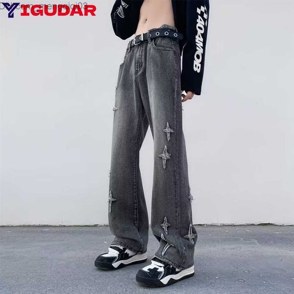 Herren Jeans Herren High Street Jeans Lose sitzende Jeans Lange Hosen Hip-Hop Herren Hong Kong Sticker Stickerei Lose sitzende Weitbein-Jeans Freund Z230814